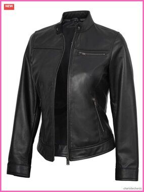 100% Real Lambskin Leather Cafe Racer Moto Biker Jacket Women